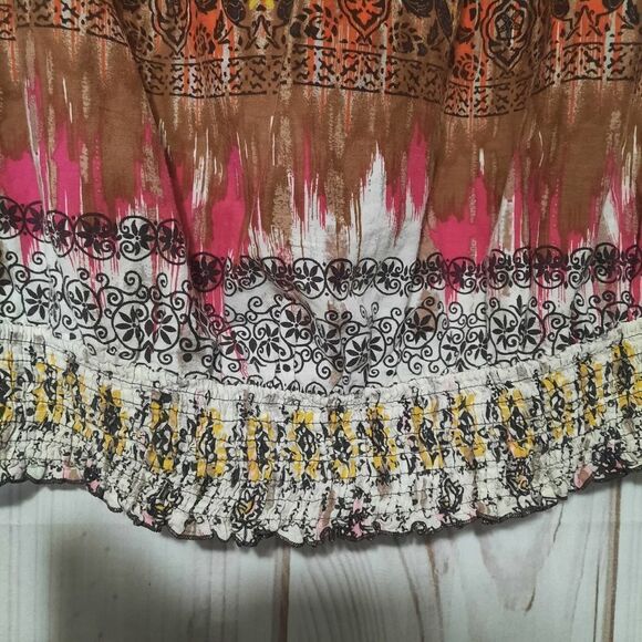 Boho Floral Print Top Brown Crochet Trim Neckline Short Sleeve Blouse - Picture 4 of 8